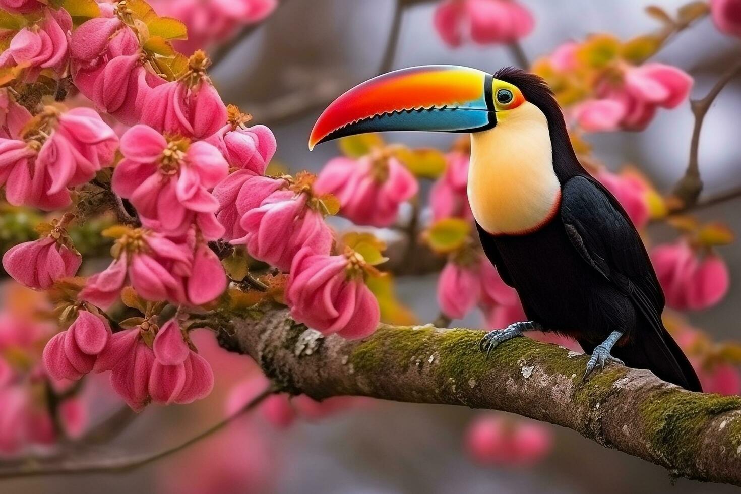 Toucan bird on branch with beautiful pink flower.Generative Ai. photo