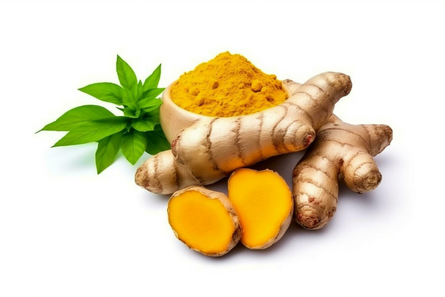 Turmeric root and powder isolated on white background.Generative Ai. photo
