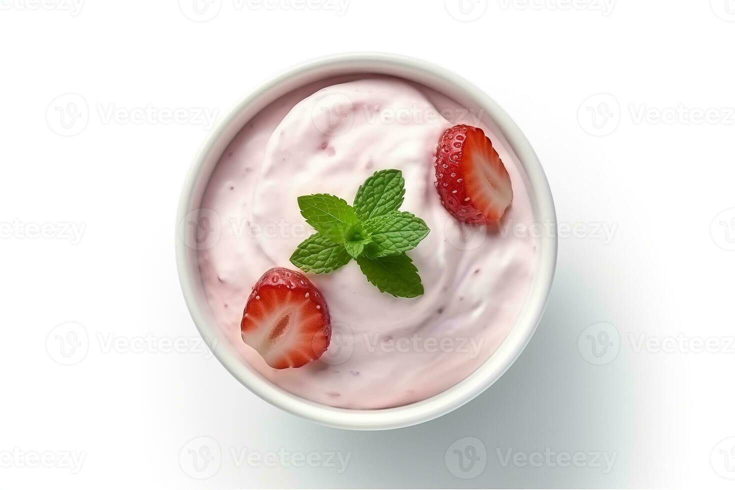 Top view strawberry yogurt isolated on white background.Generative Ai. photo