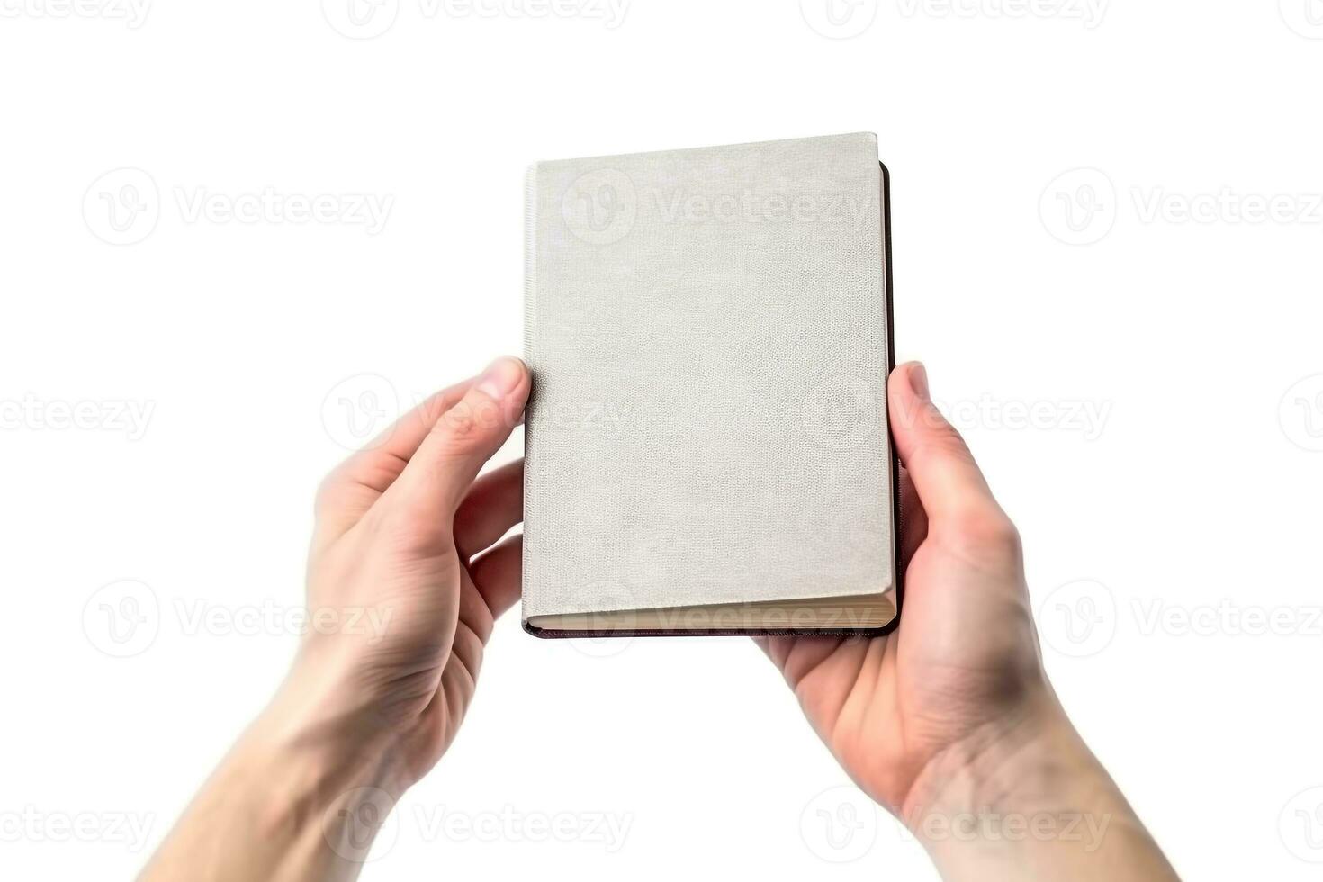 Hand holding blank book on white background.Generative Ai. photo