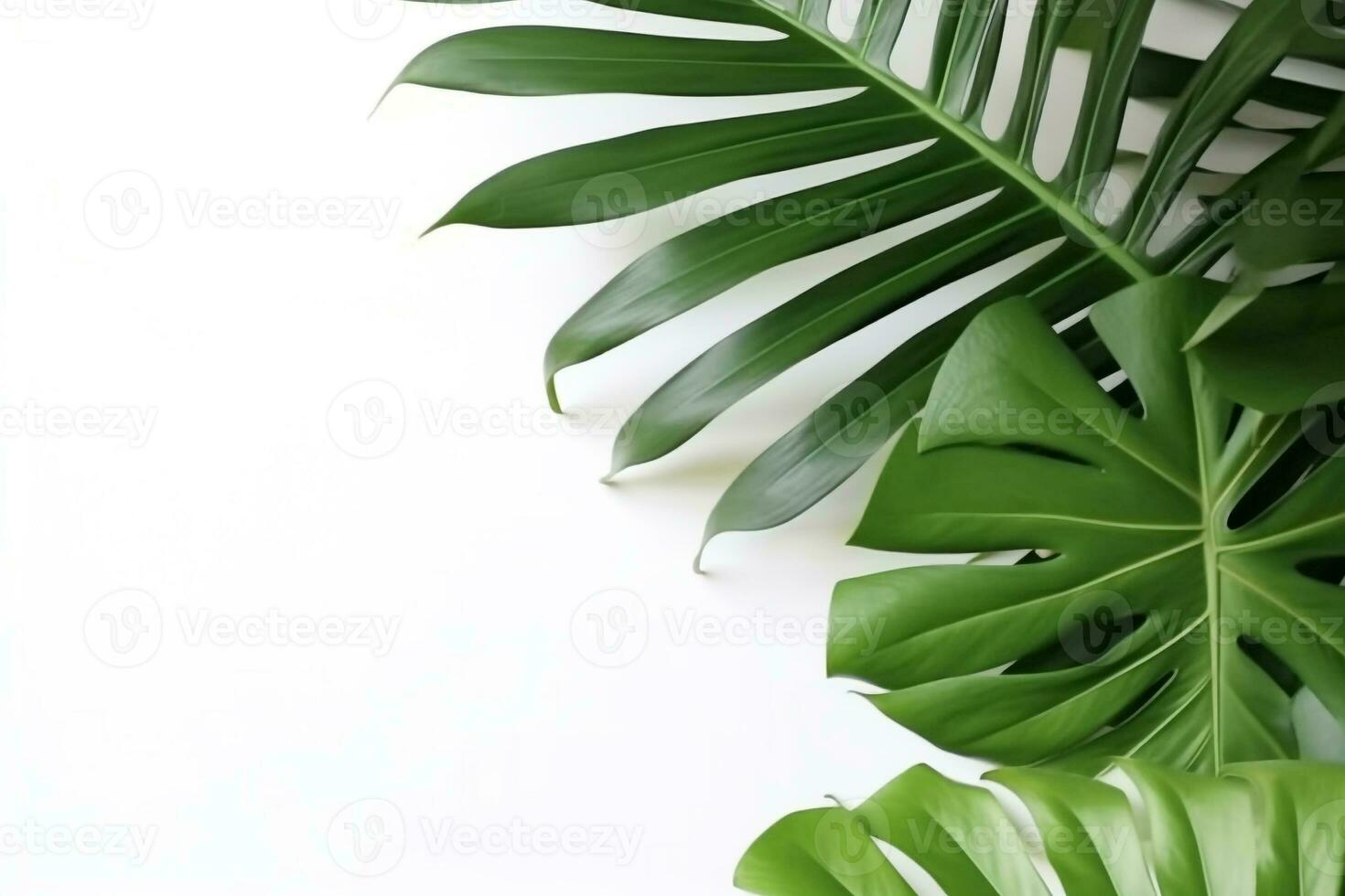 Top view green palm leaf on white background.Generative Ai. photo