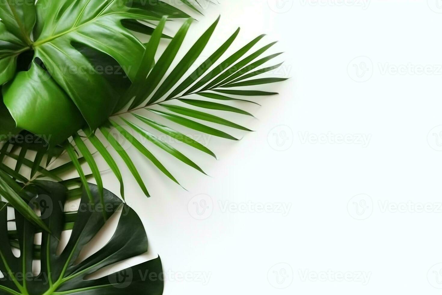 Top view green palm leaf on white background.Generative Ai. photo