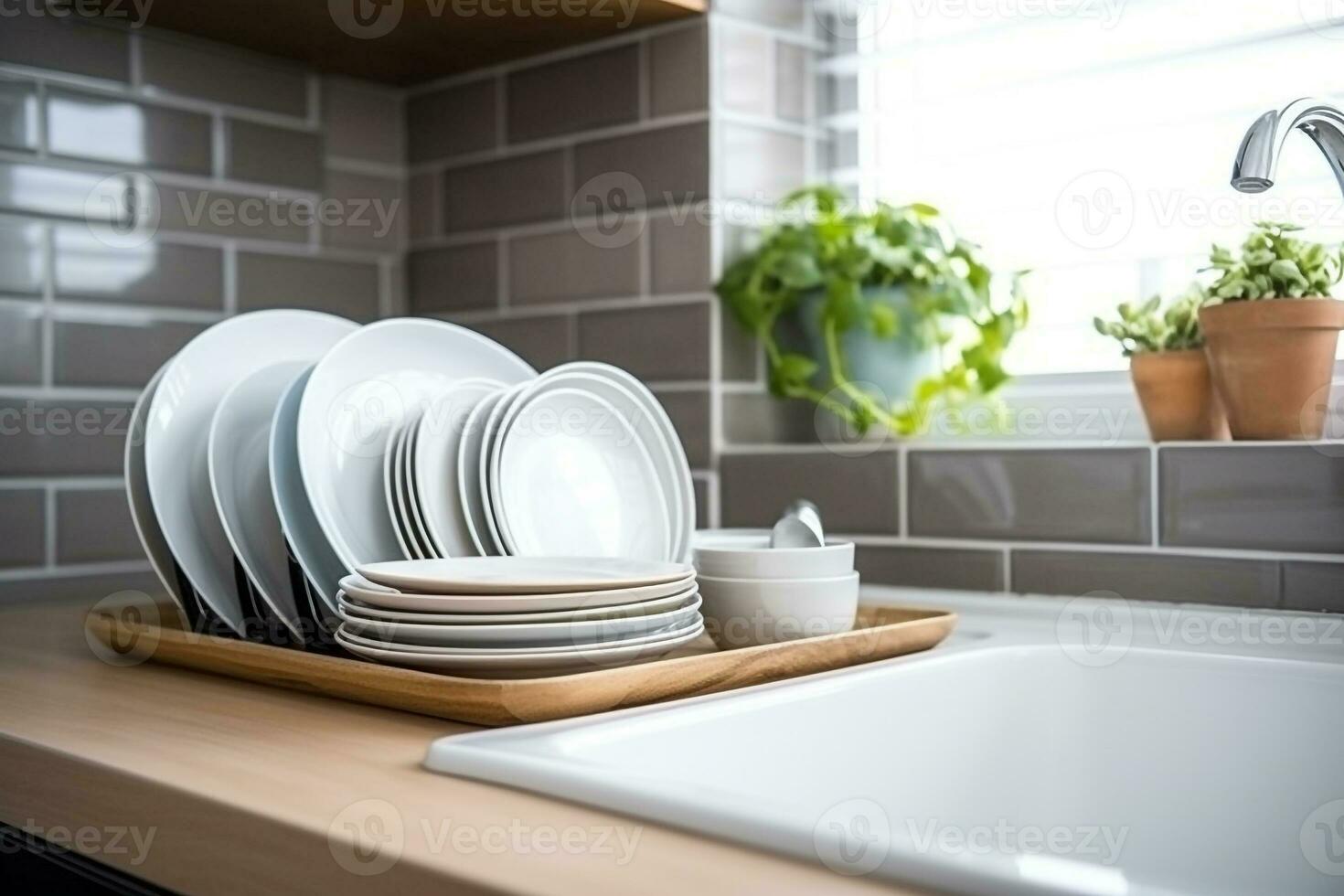 Kitchen counter window with sink for dish.Generative Ai. photo
