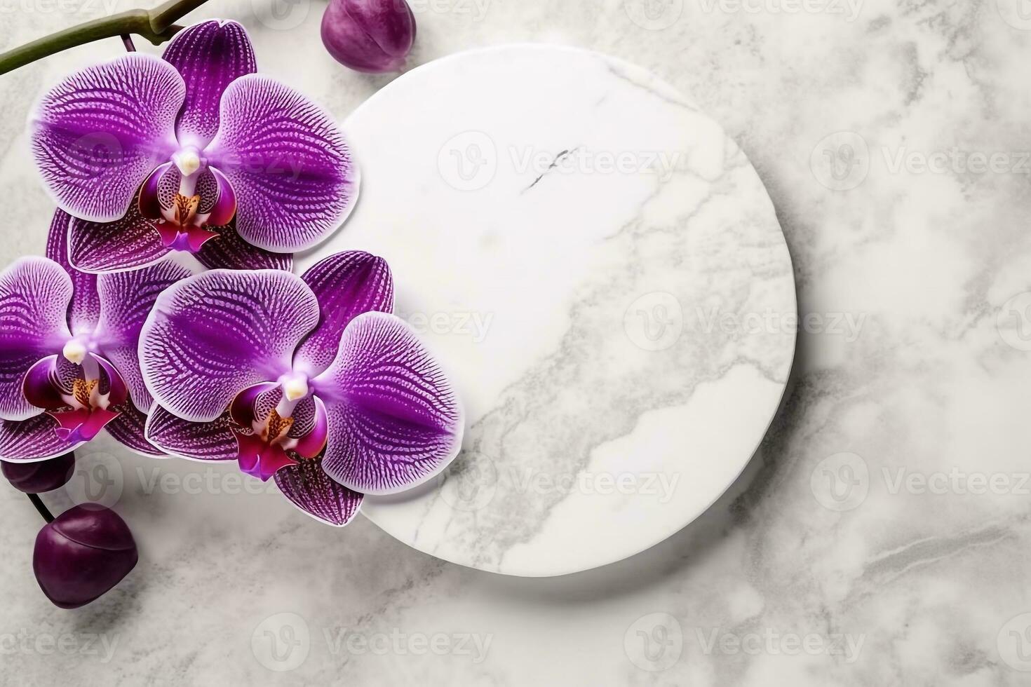 Top view marble circle on white background with orchid flower.Generative Ai. photo