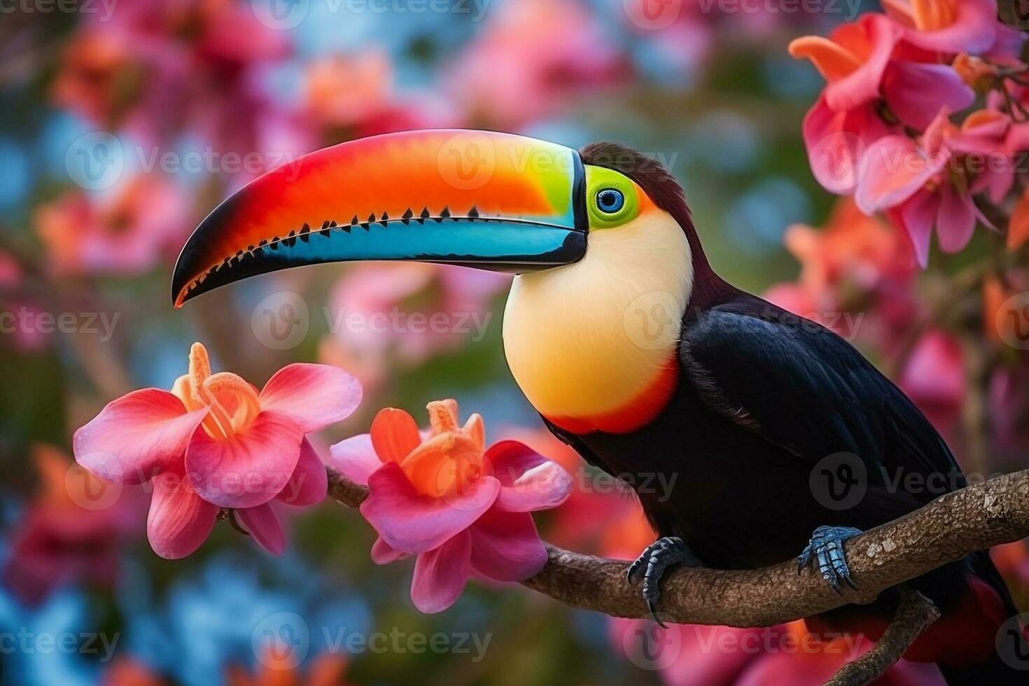 Toucan bird on branch with beautiful pink flower.Generative Ai. photo