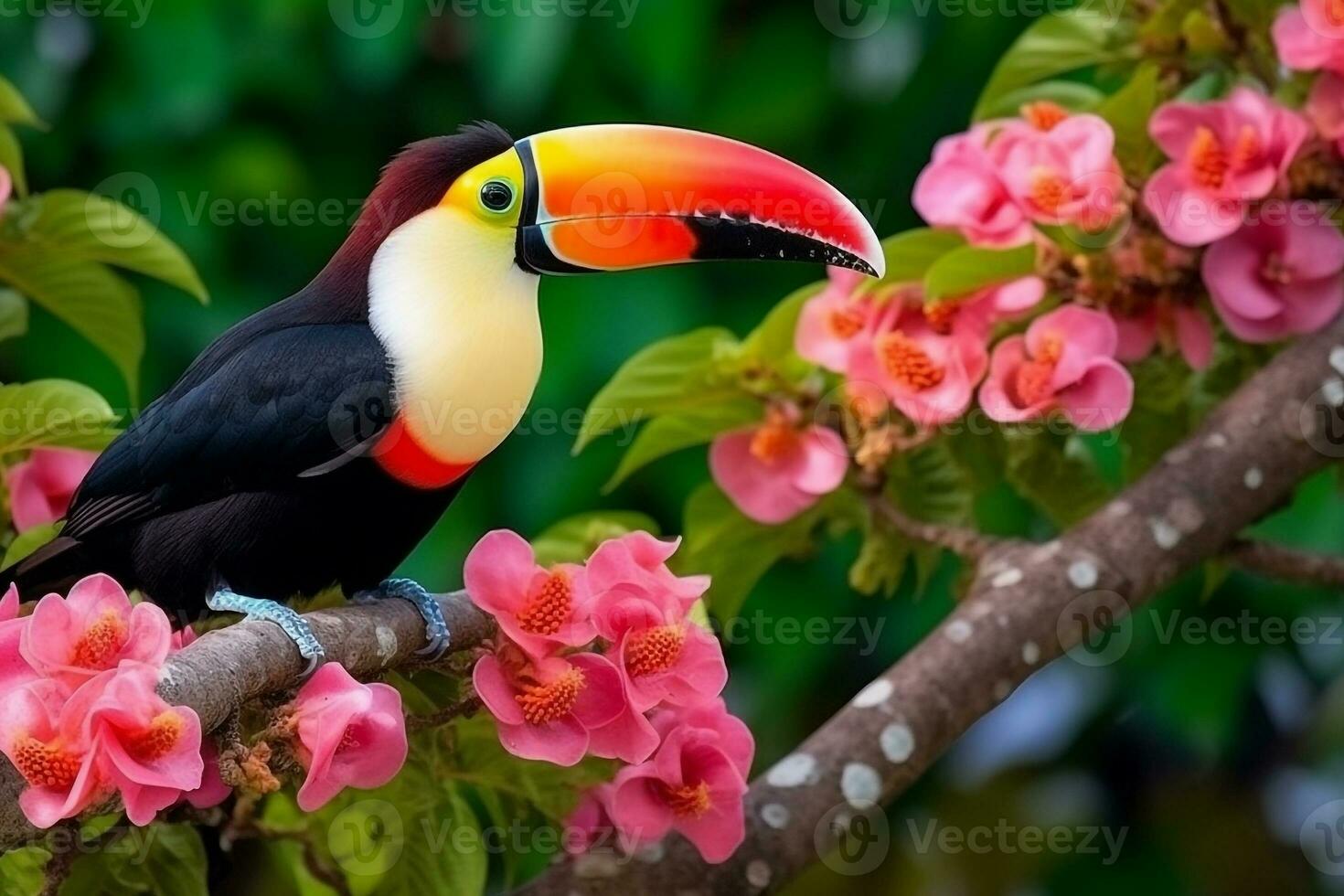 Toucan bird on branch with beautiful pink flower.Generative Ai. photo