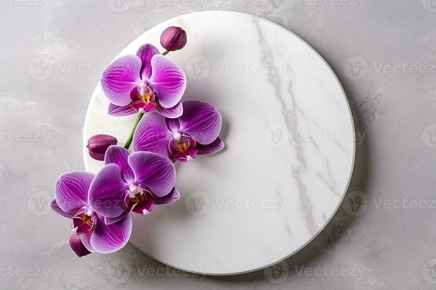 Top view marble circle on white background with orchid flower.Generative Ai. photo