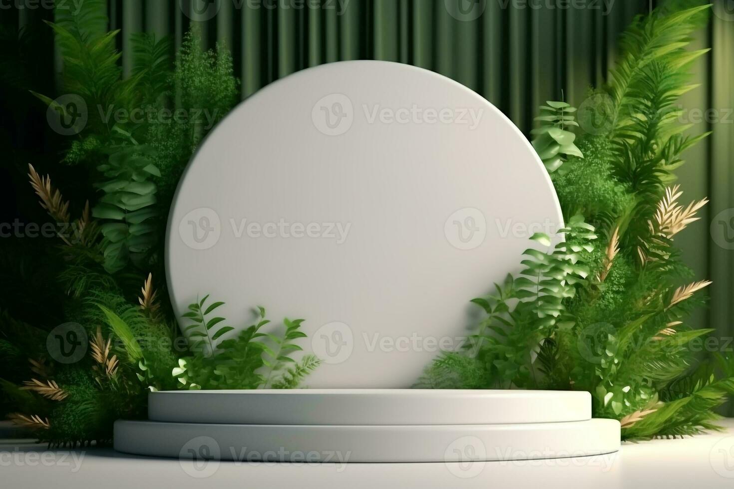 Empty round podium for product presentation with tropical leaf background.Generative Ai. photo