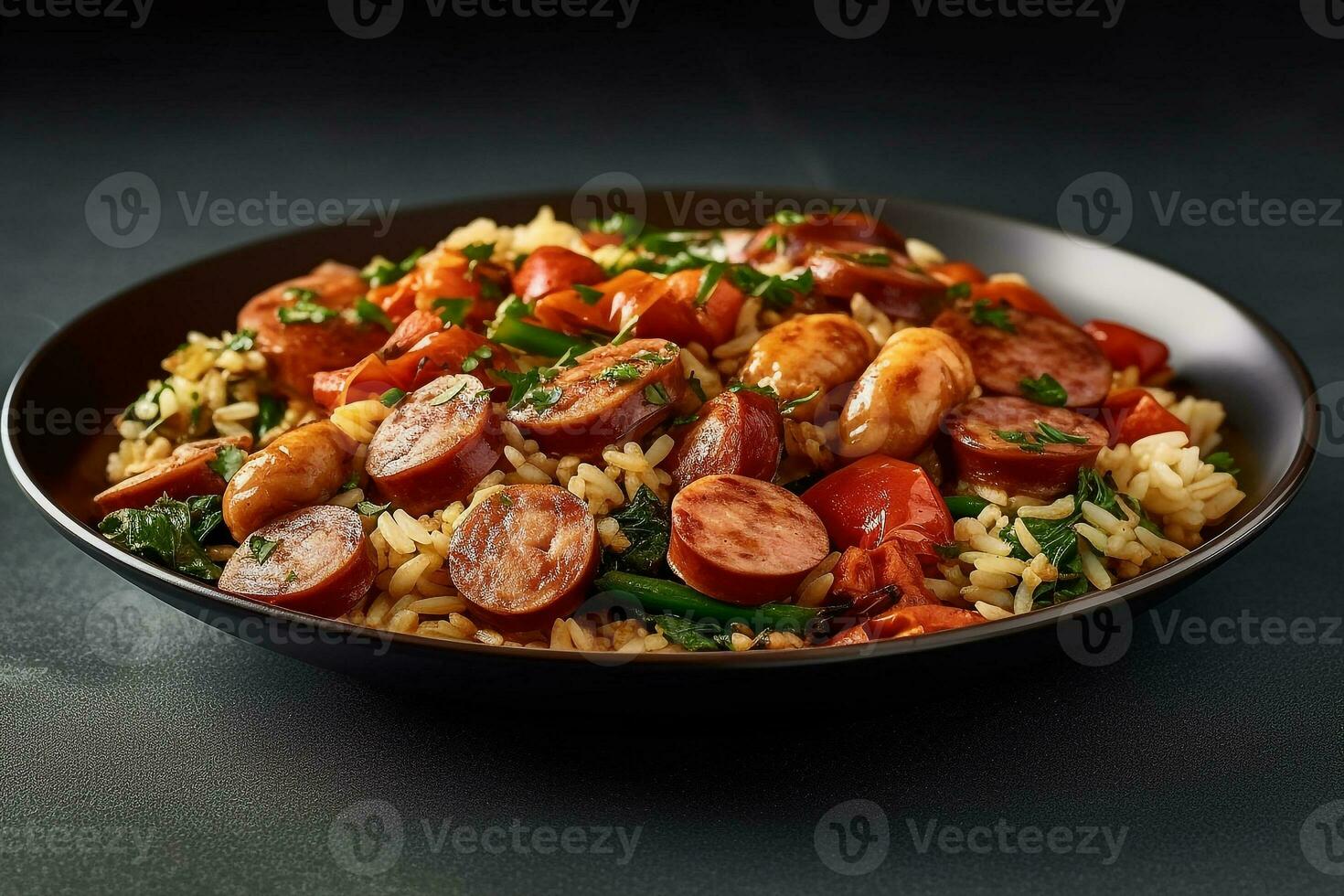 Fried rice with mixed vegetables, sausage and seafood.Generative Ai. photo