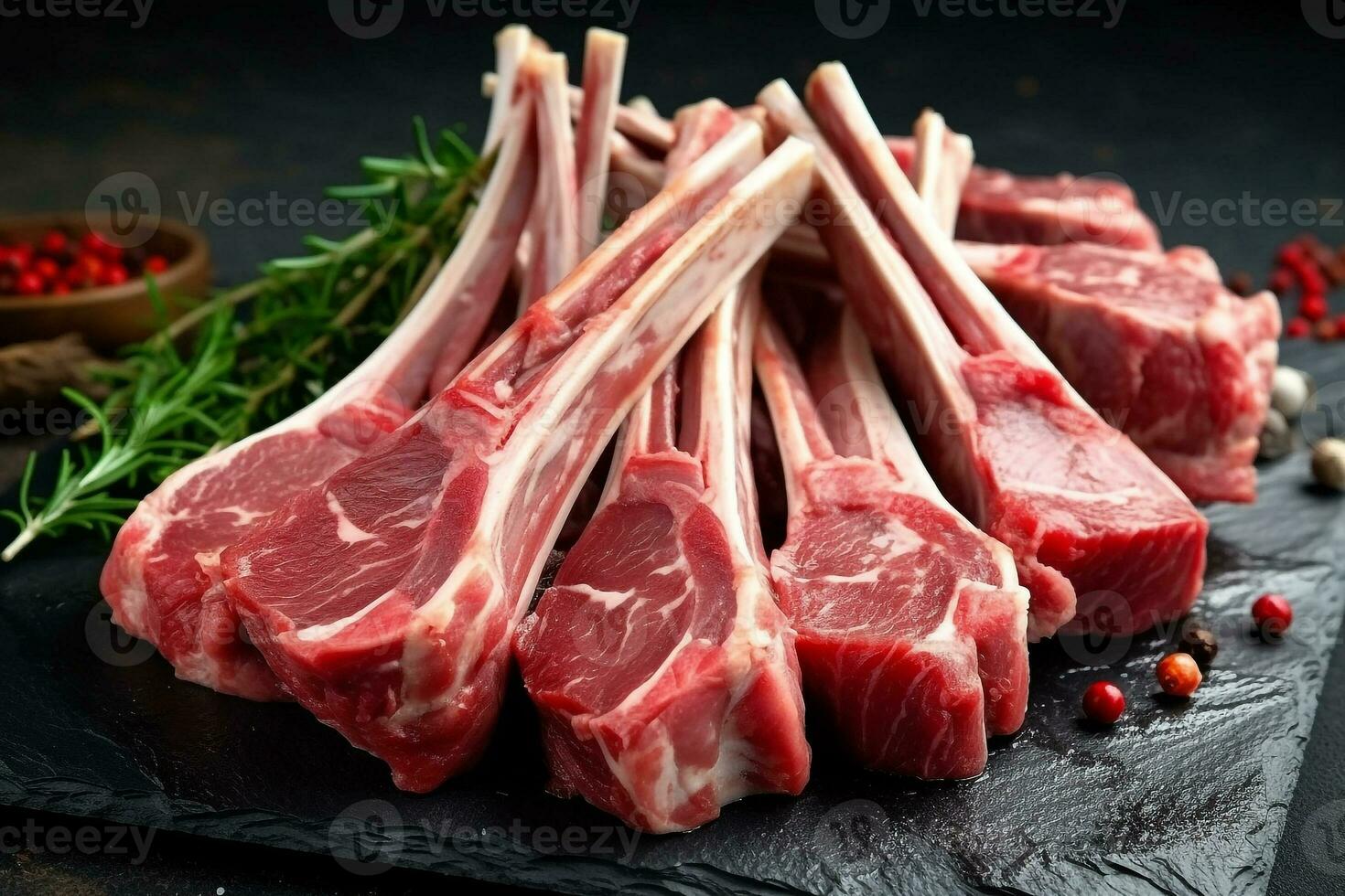 Raw lamb with rosemary on black stone background.Generative Ai. photo