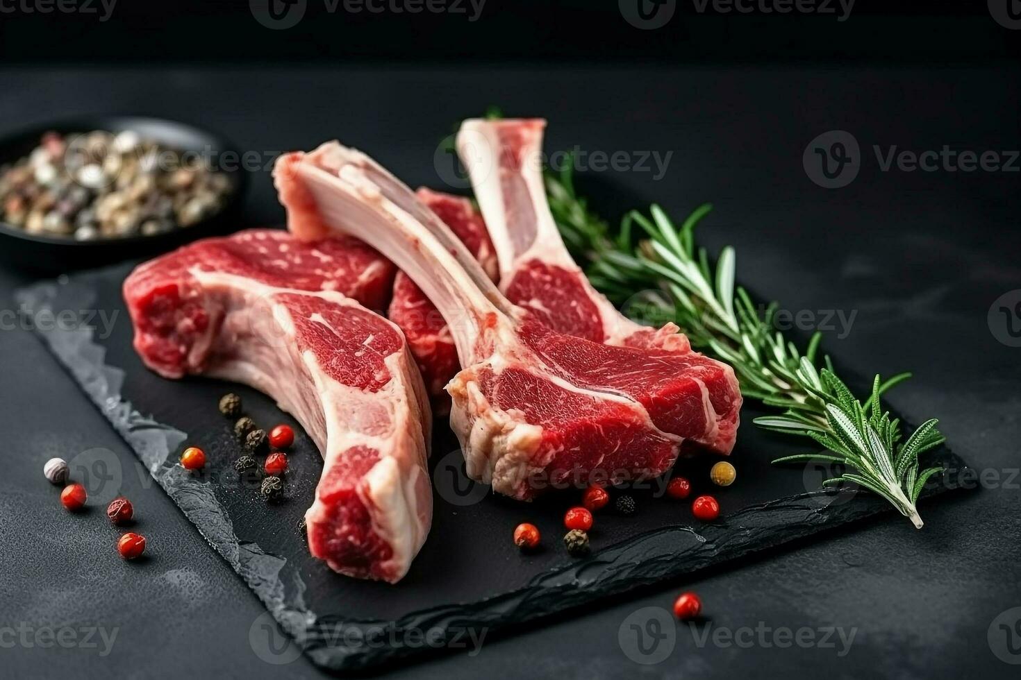 Raw lamb with rosemary on black stone background.Generative Ai. photo