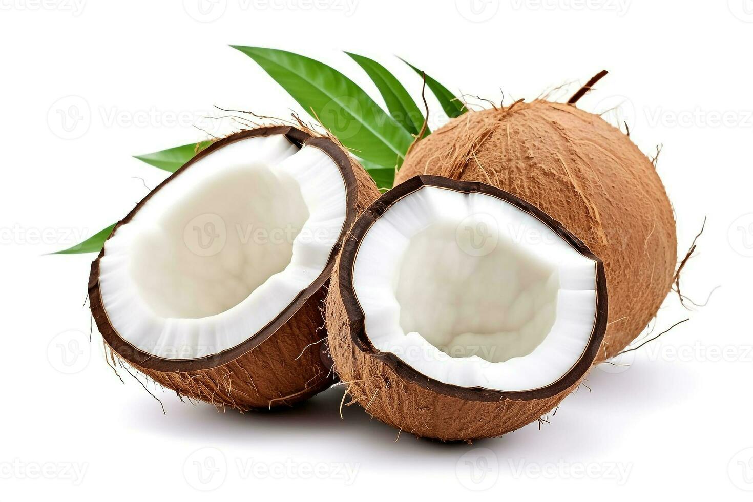 Coconut with plam leaves isolated on white background.Generative Ai. photo