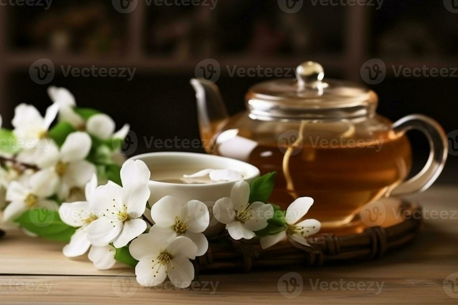 Green tea with jasmine flower and white ceramic teapot.Generative Ai. photo