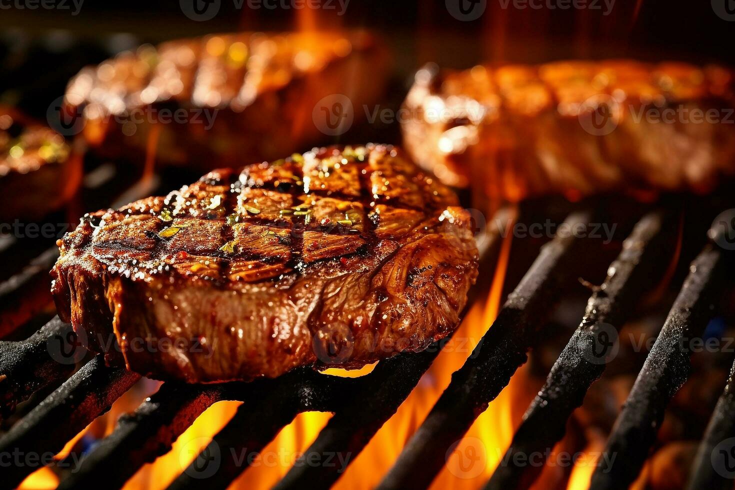 Grilling steaks on flaming grill.Generative Ai. photo