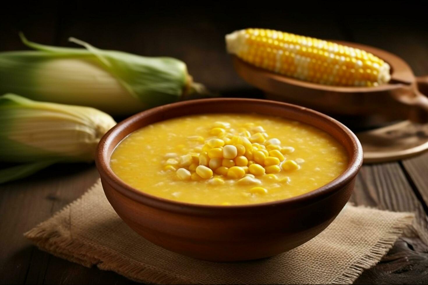 Delicious corn soup with corn on wooden table.Generative Ai. photo