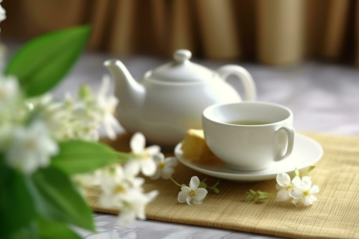 Green tea with jasmine flower and white ceramic teapot.Generative Ai. photo