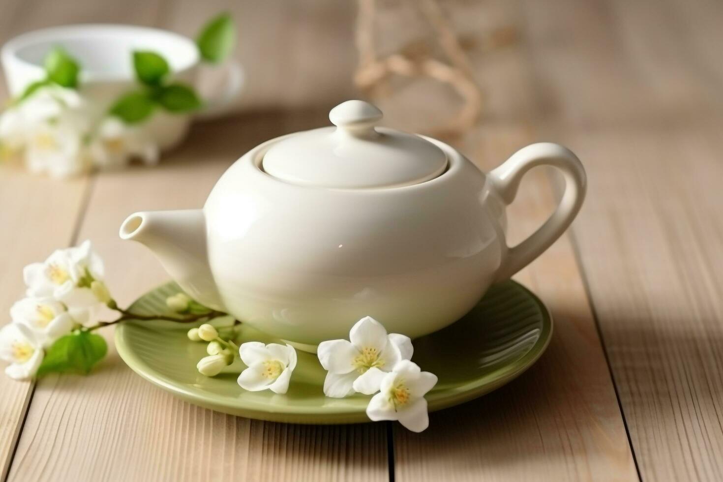 Green tea with jasmine flower and white ceramic teapot.Generative Ai. photo