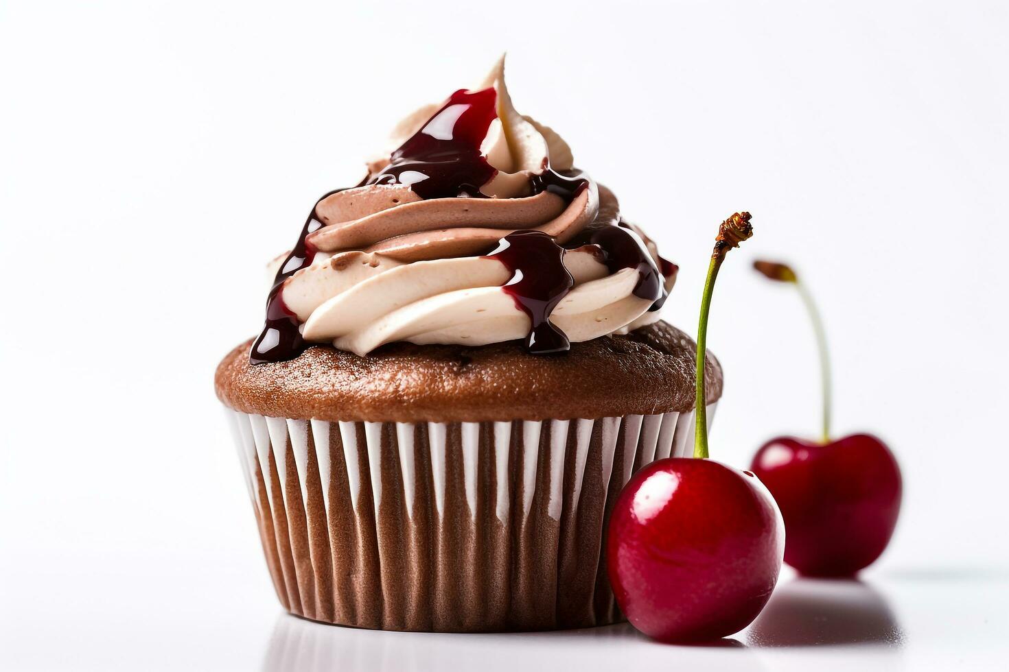 Cherry chocolate cupcake  isolate on white background .Generative Ai. photo