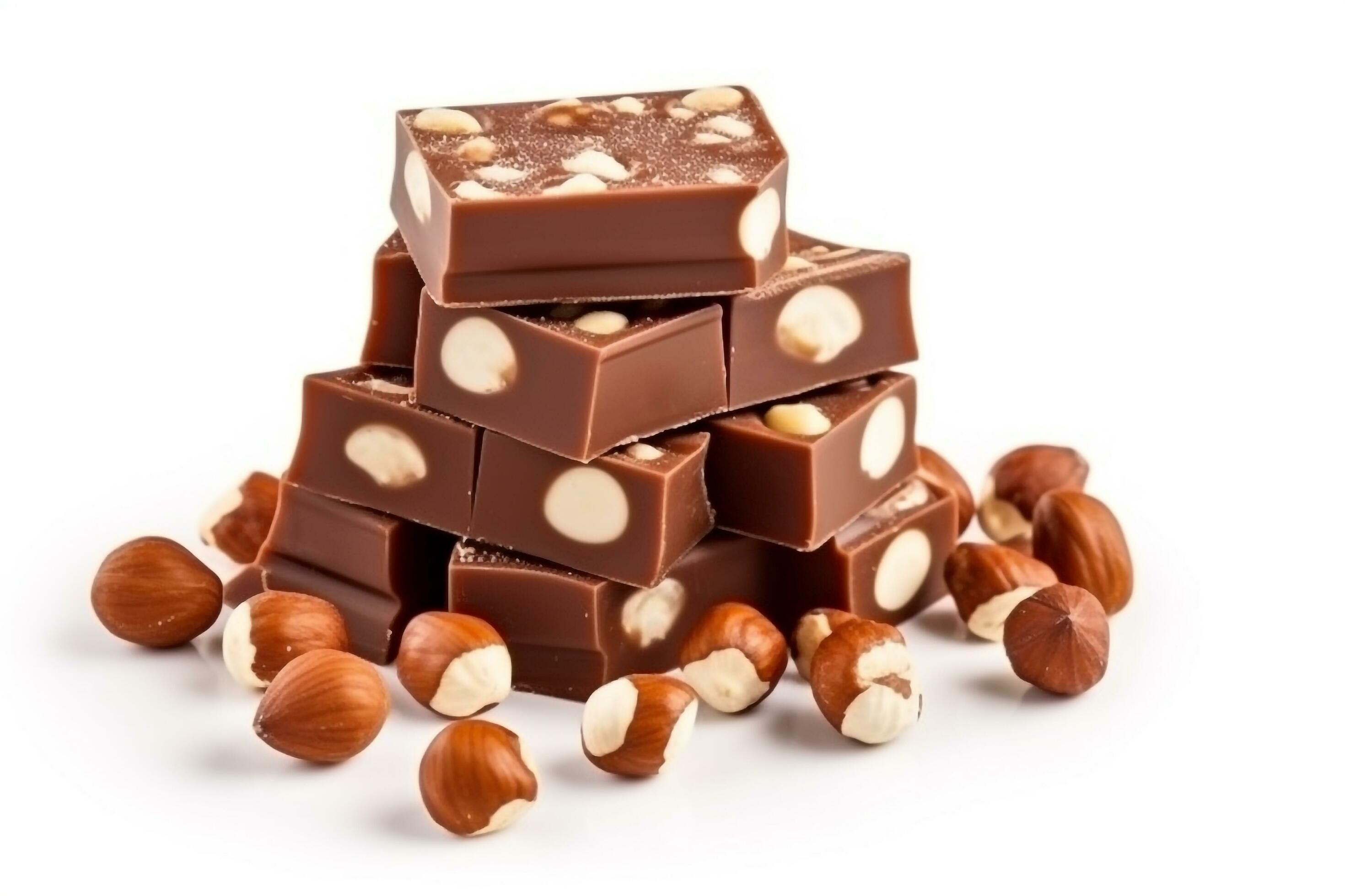 Chocolate hazelnuts isolated on white background.Generative Ai