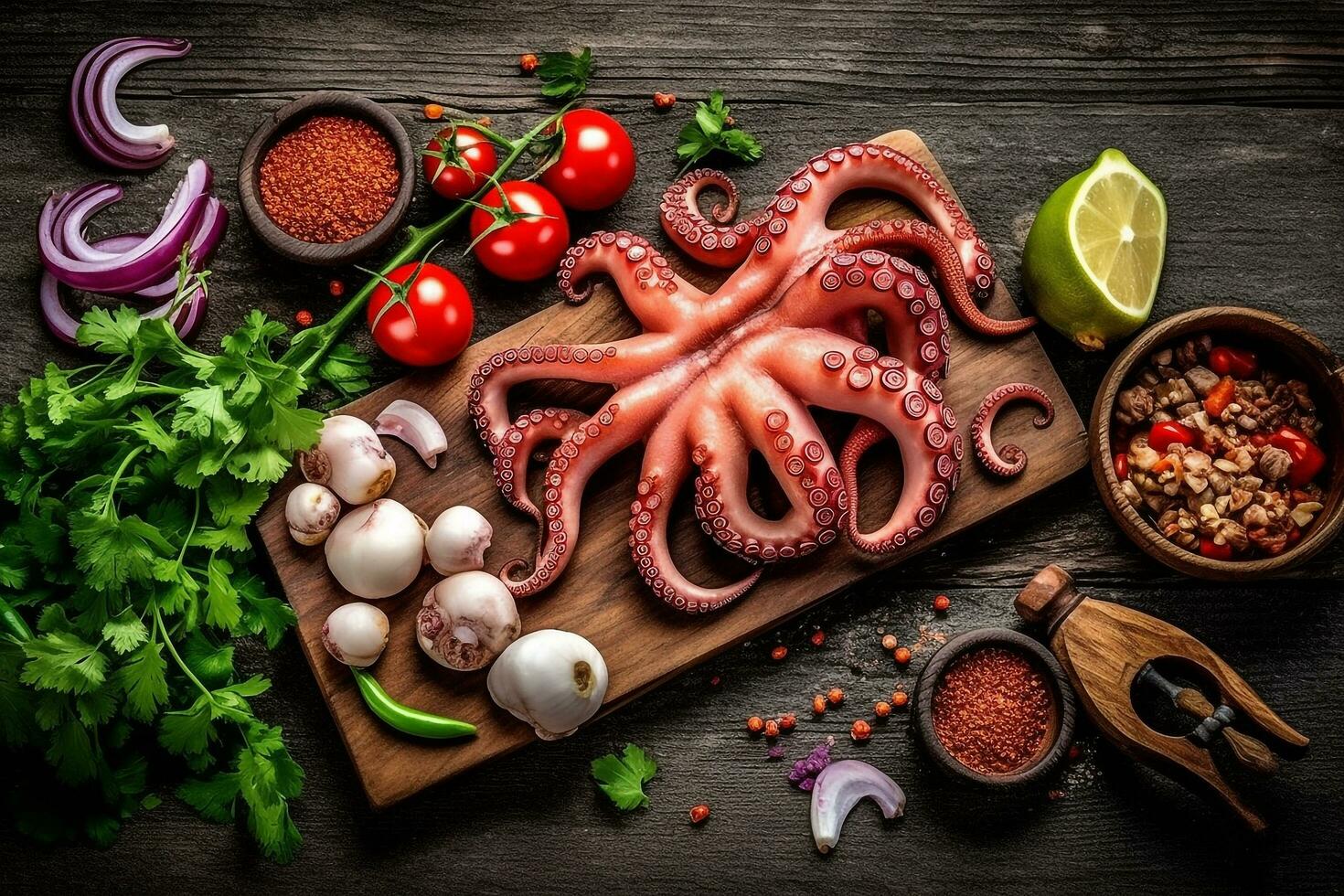 Fresh raw squid  with ingredients on wooden background photo