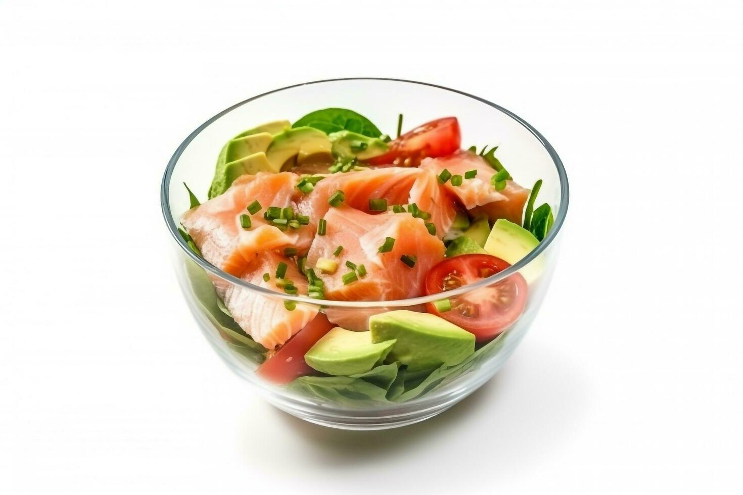 Fresh salad with vegetables,salmon and avocado isolated on white background photo