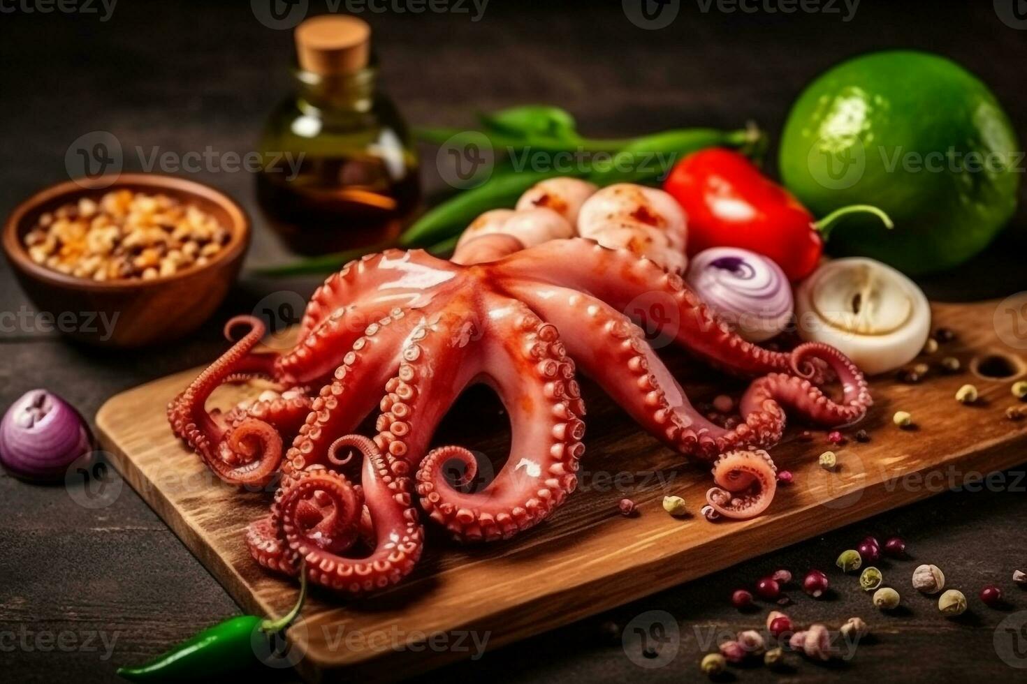 Fresco crudo calamar con ingredientes en de madera antecedentes foto