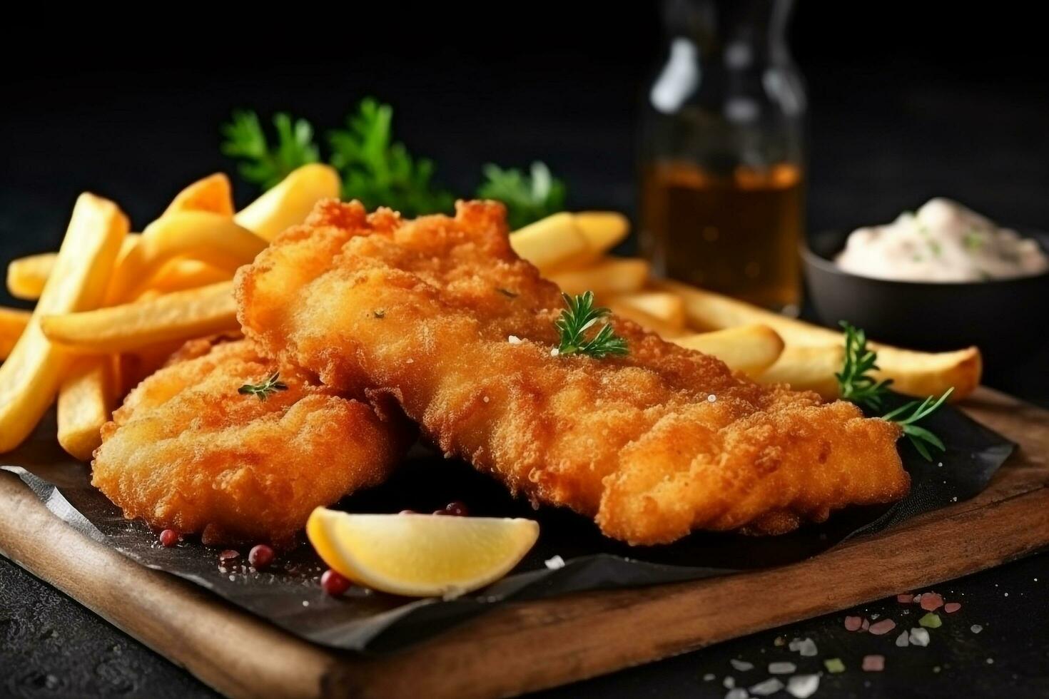 Fried fish and french fries on black stone background photo