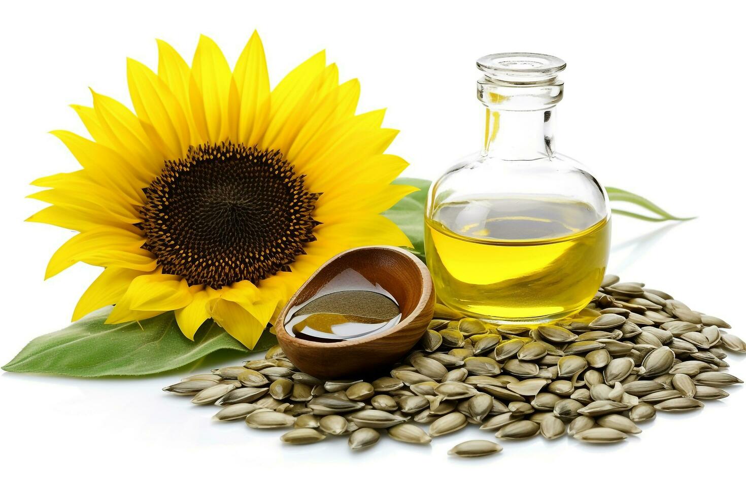 Sunflower oil and seeds isolated on white background photo