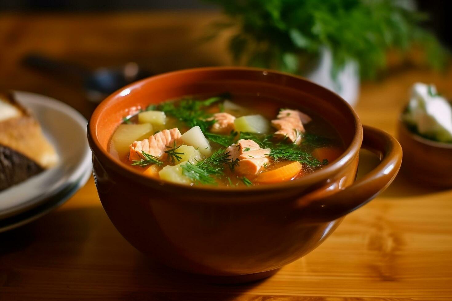 Salmon soup with ceramic bowl on wooden background photo