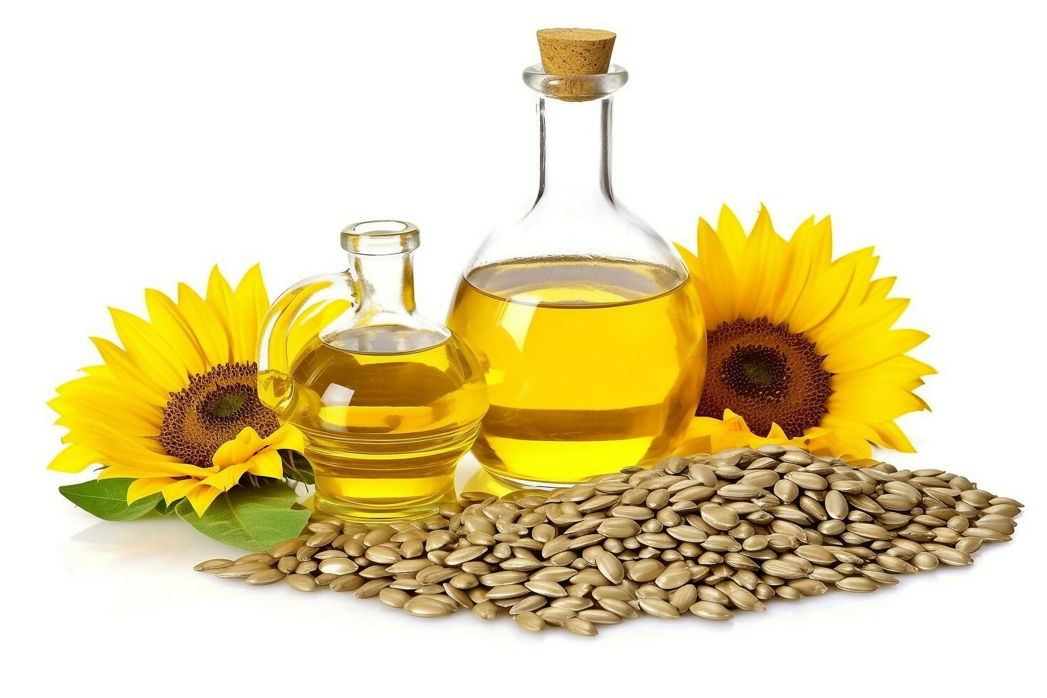 Sunflower oil and seeds isolated on white background photo