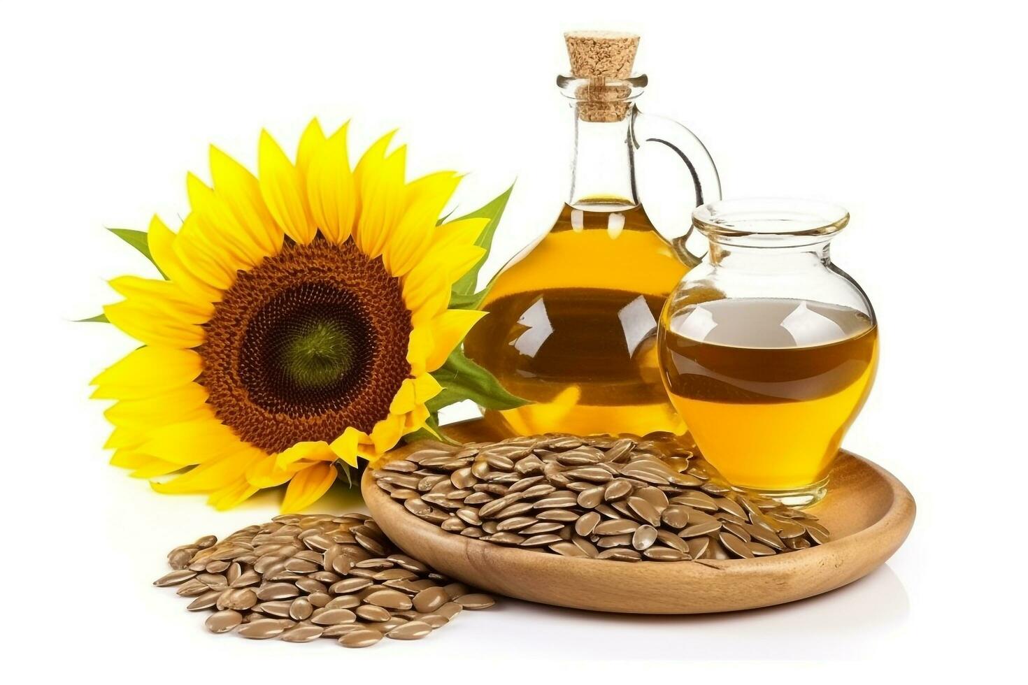 Sunflower oil and seeds isolated on white background photo