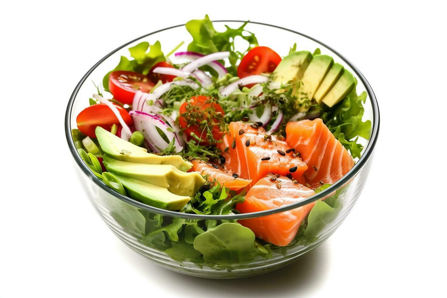 Fresh salad with vegetables,salmon and avocado isolated on white background photo