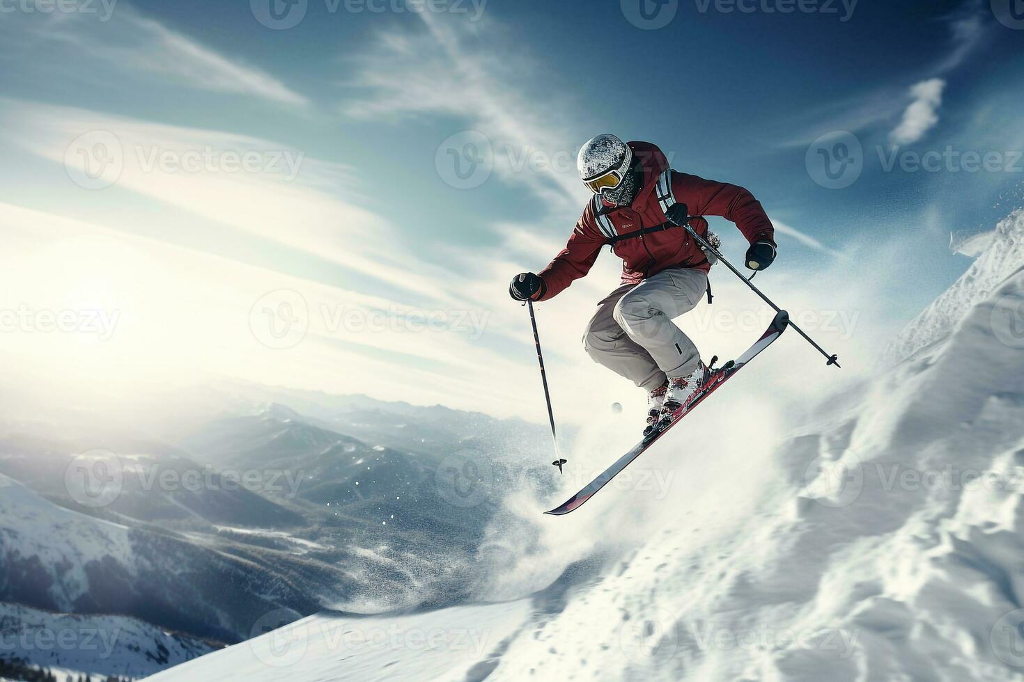 Athlete skier jumping through snow mountain photo