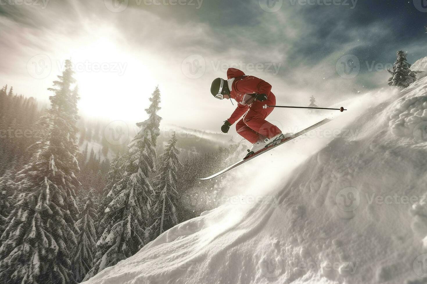 Athlete skier jumping through snow mountain photo