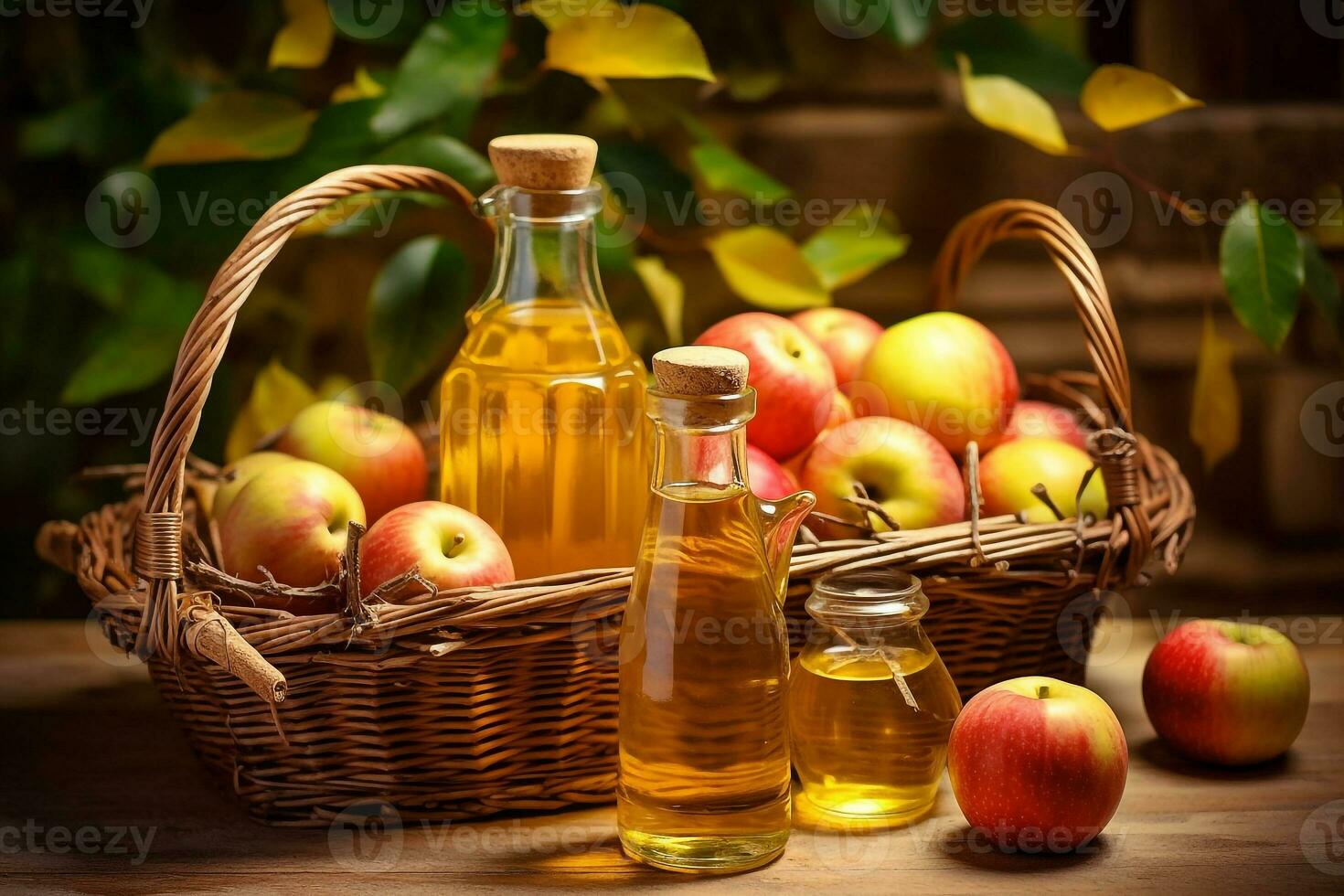 Apple cider in a glass jug and a basket of fresh apples photo