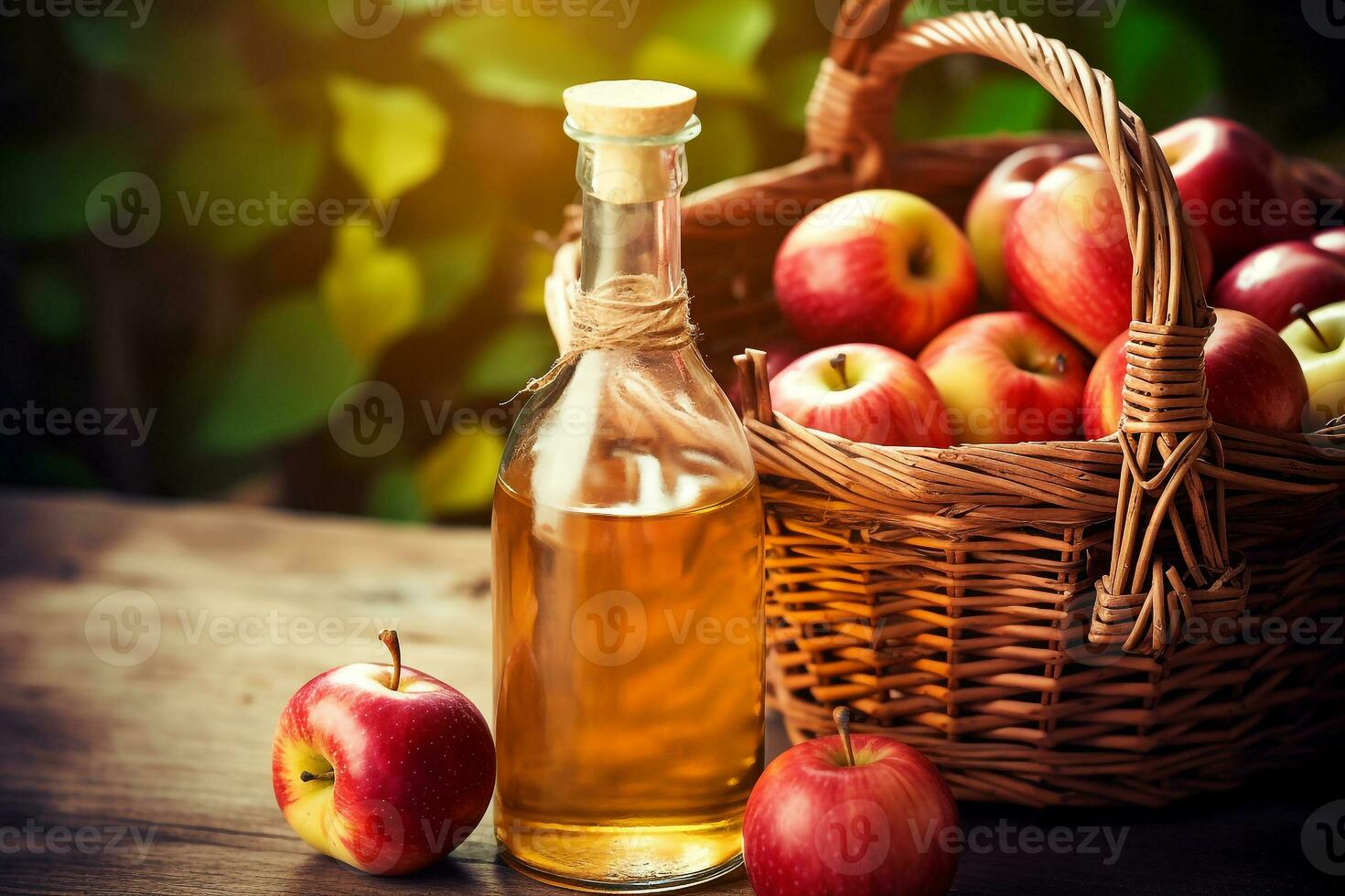 Apple cider in a glass jug and a basket of fresh apples photo