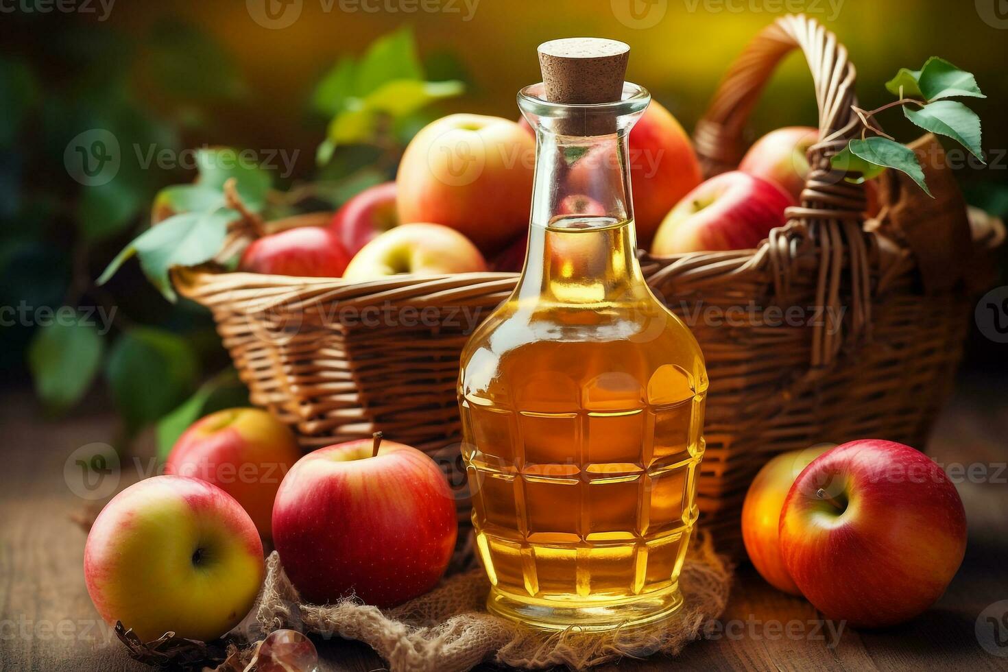 Apple cider in a glass jug and a basket of fresh apples photo