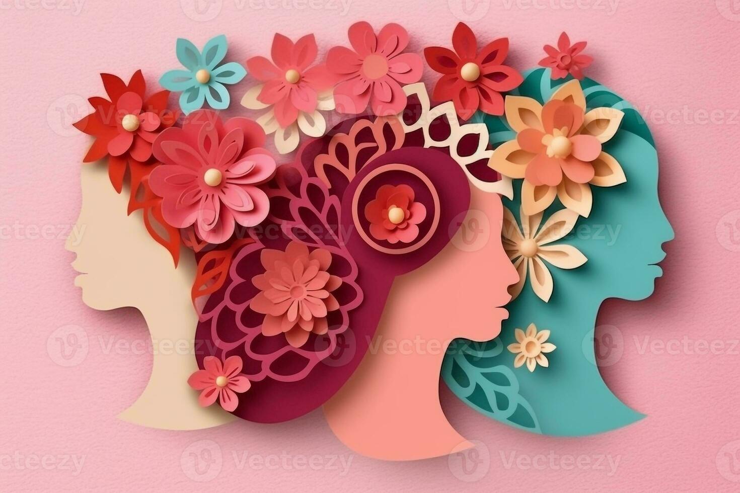 Happy women's day 8 march with beautiful flower paper craft,Paper cut style photo
