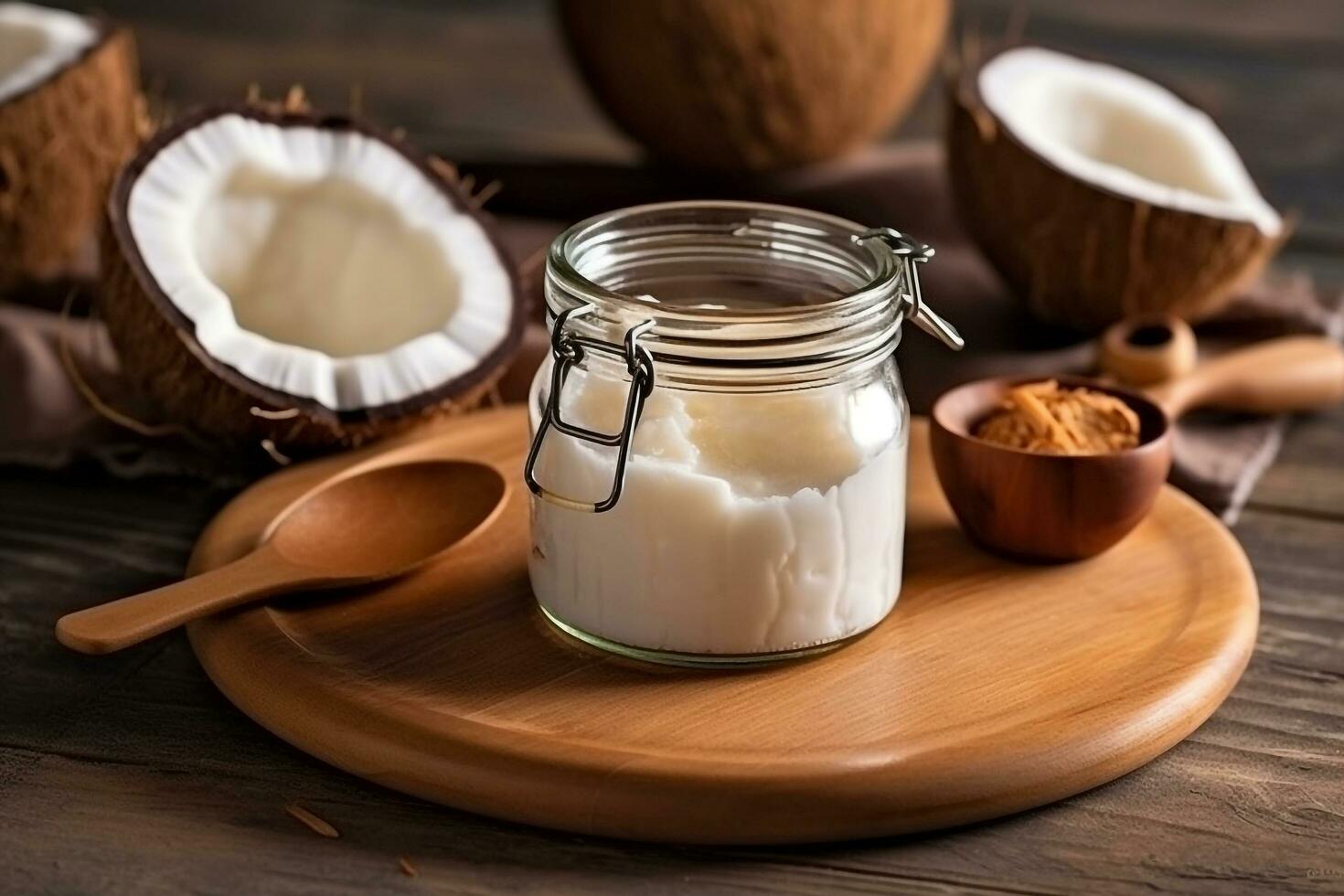 Coconut milk in glass jar with fresh coconut on wooden background photo