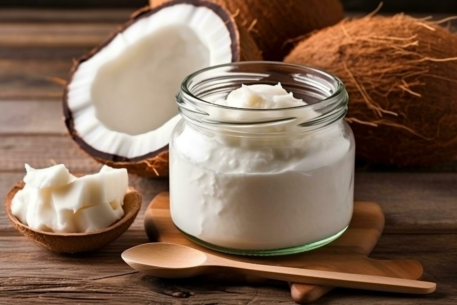 Coconut milk in glass jar with fresh coconut on wooden background photo