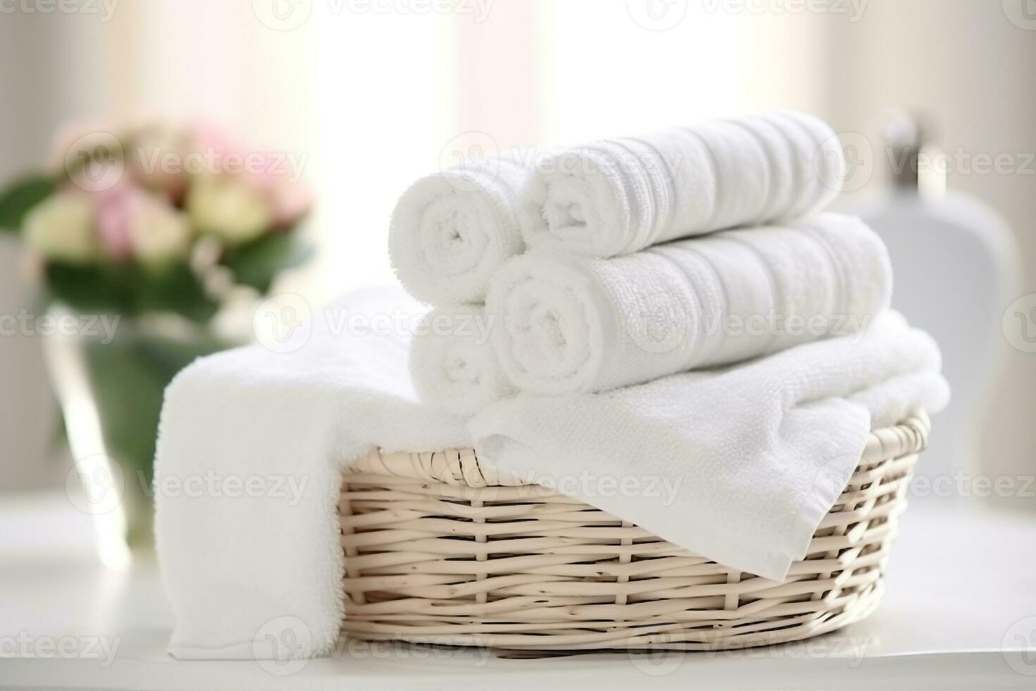 blanco toalla en mimbre cesta foto