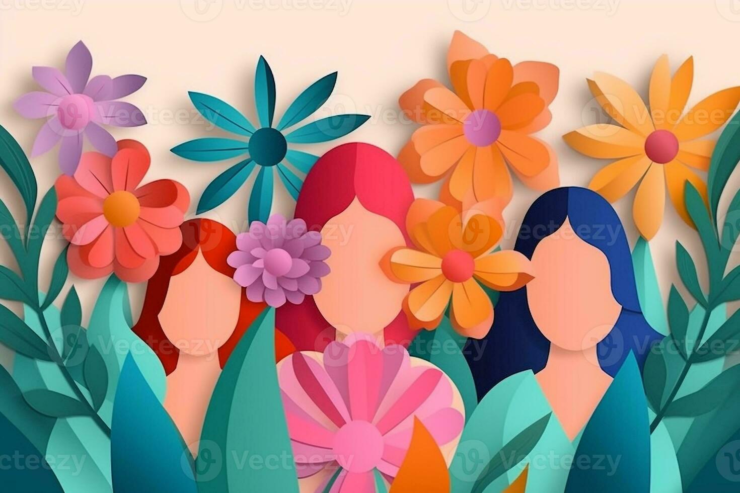 Happy women's day 8 march with beautiful flower paper craft,Paper cut style photo