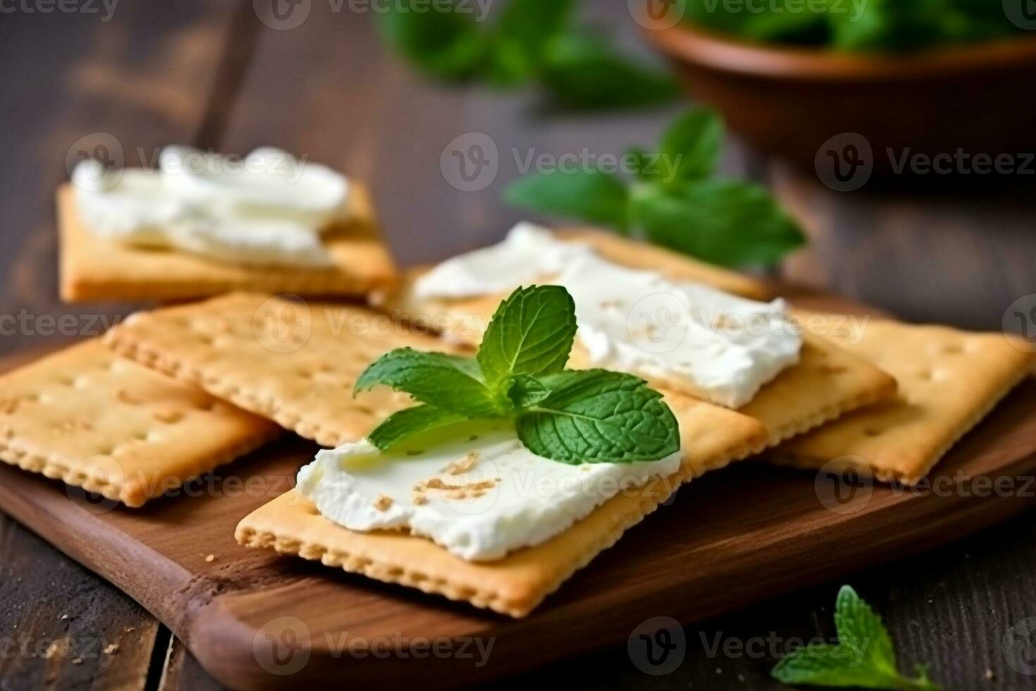 Crackers with cream cheese ,mint leaf in the wooden background photo