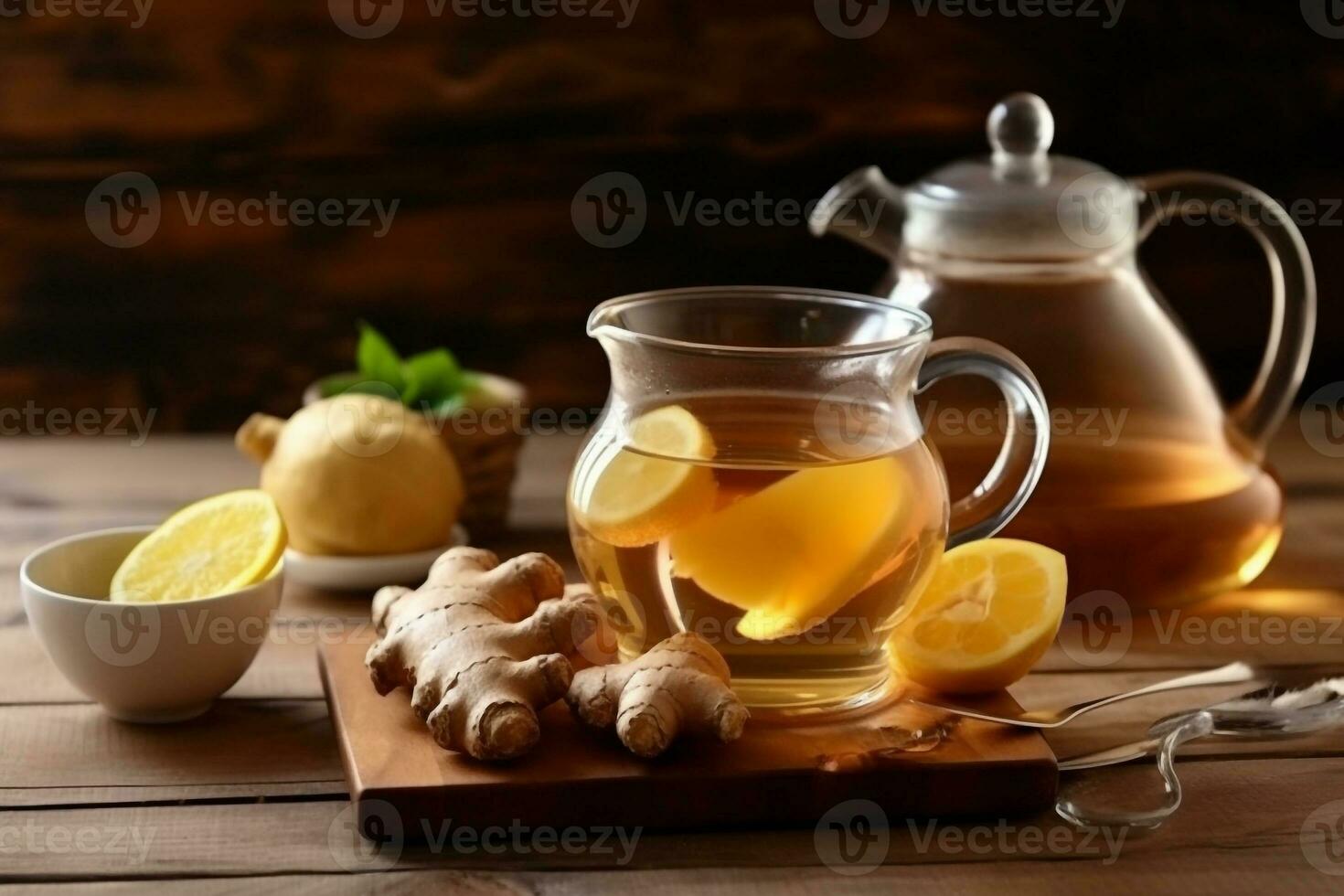 Ginger tea and ginger on wooden background photo