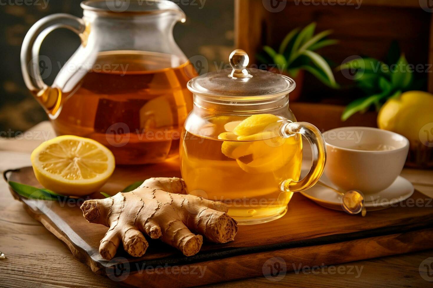 Ginger tea and ginger on wooden background photo