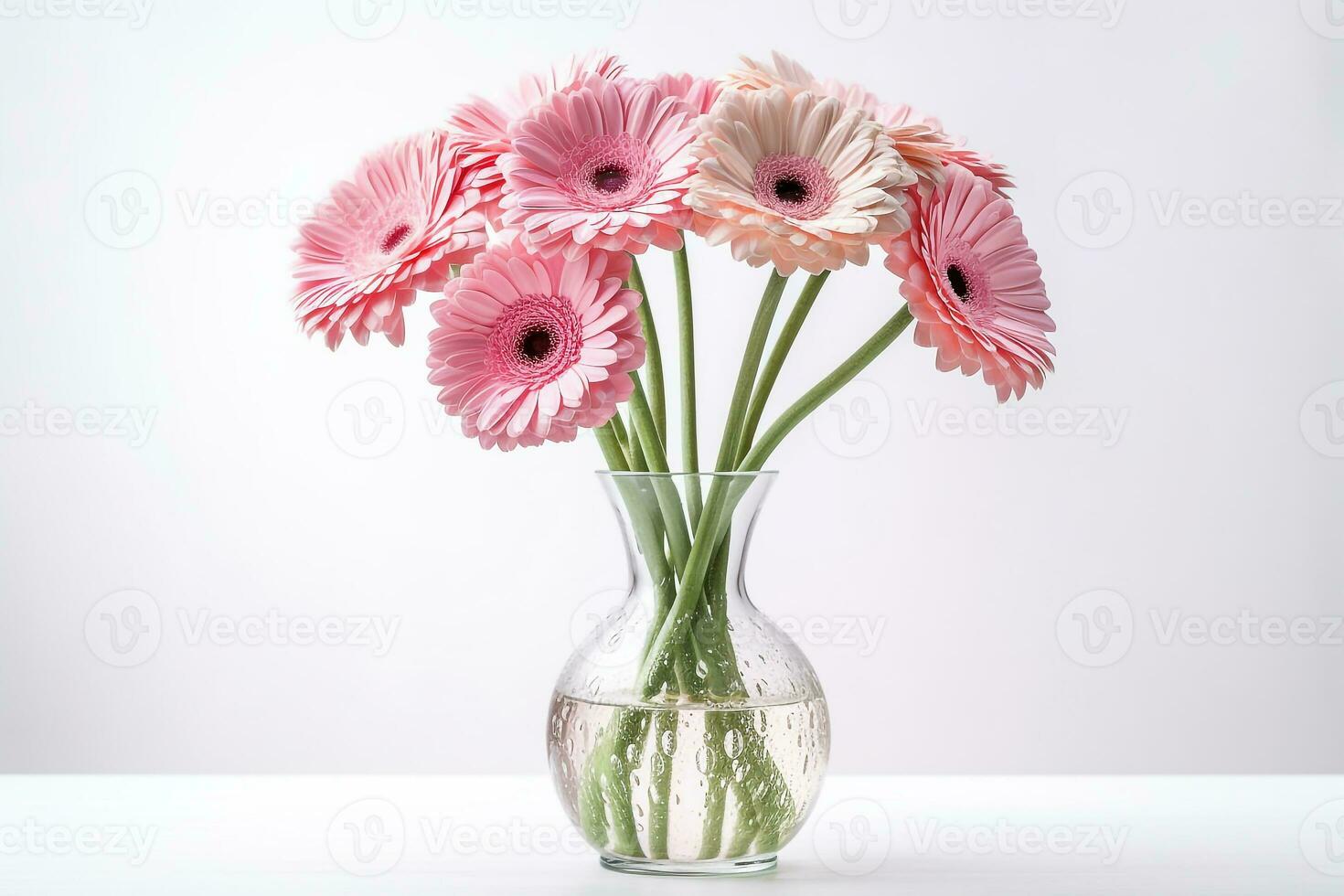 Blooming pink gerbera in glass vase isolated on white background photo