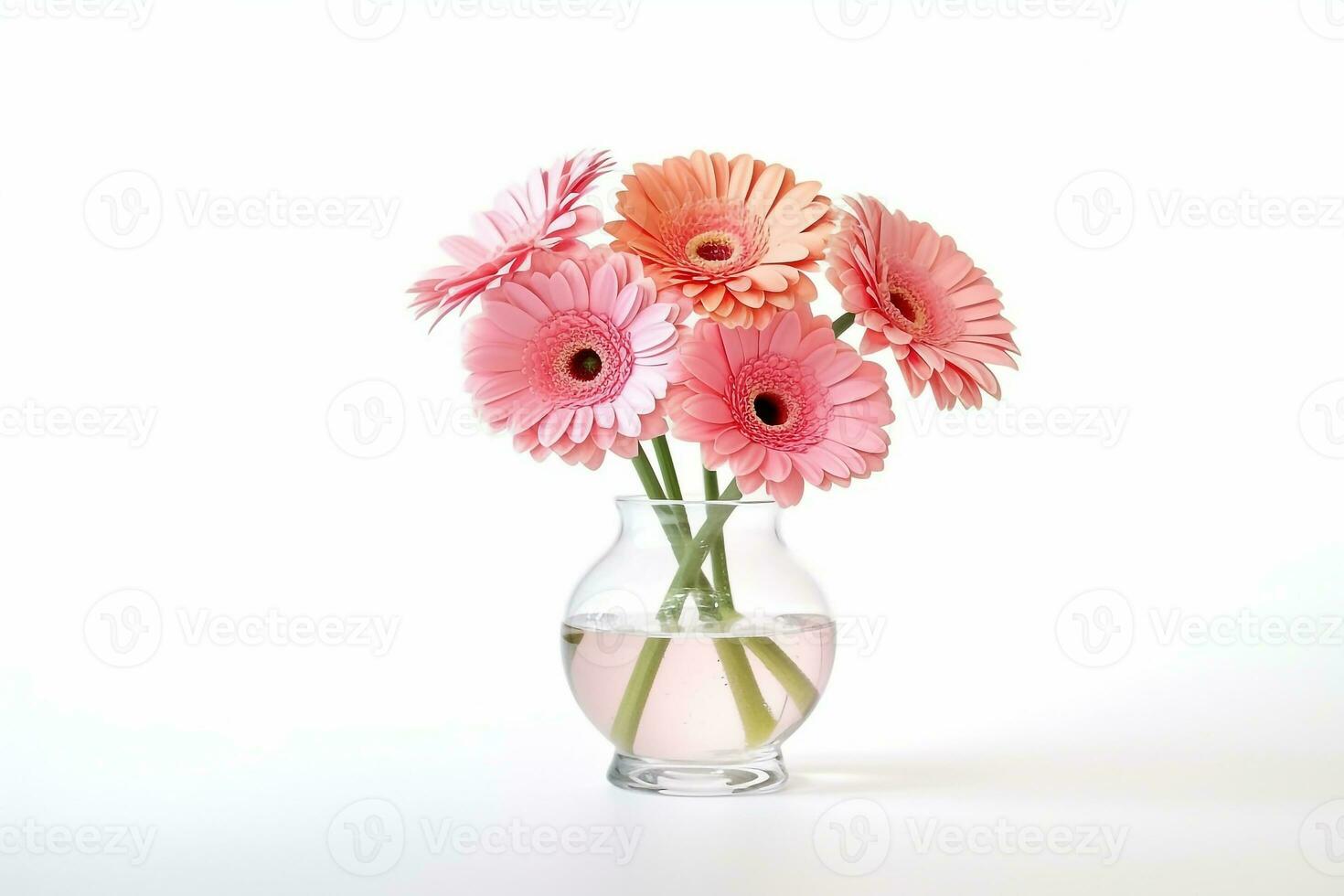 Blooming pink gerbera in glass vase isolated on white background photo