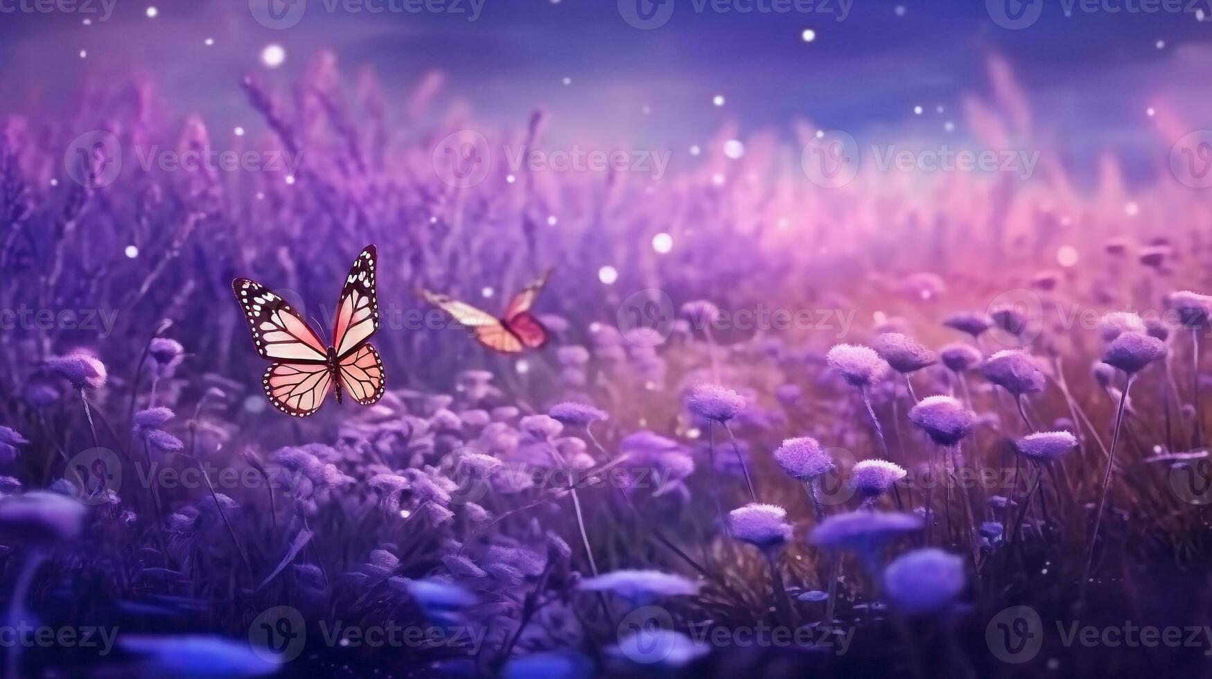 Fantasy landscape of blooming lavender flowers,butterfly glow photo