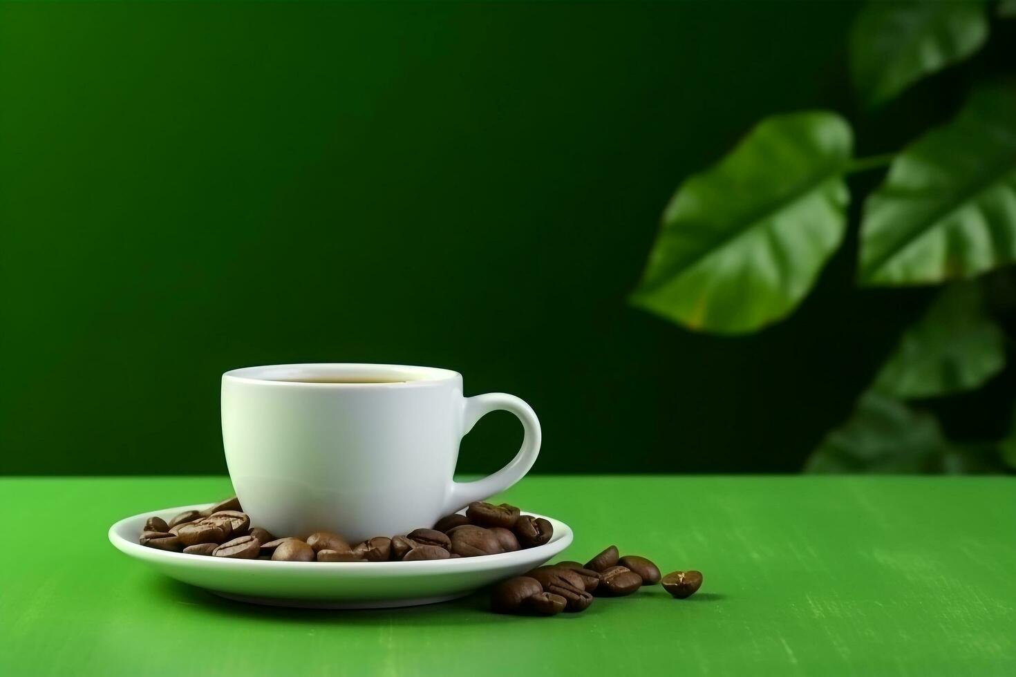 Coffee cup with coffee bean on  green leaf background photo