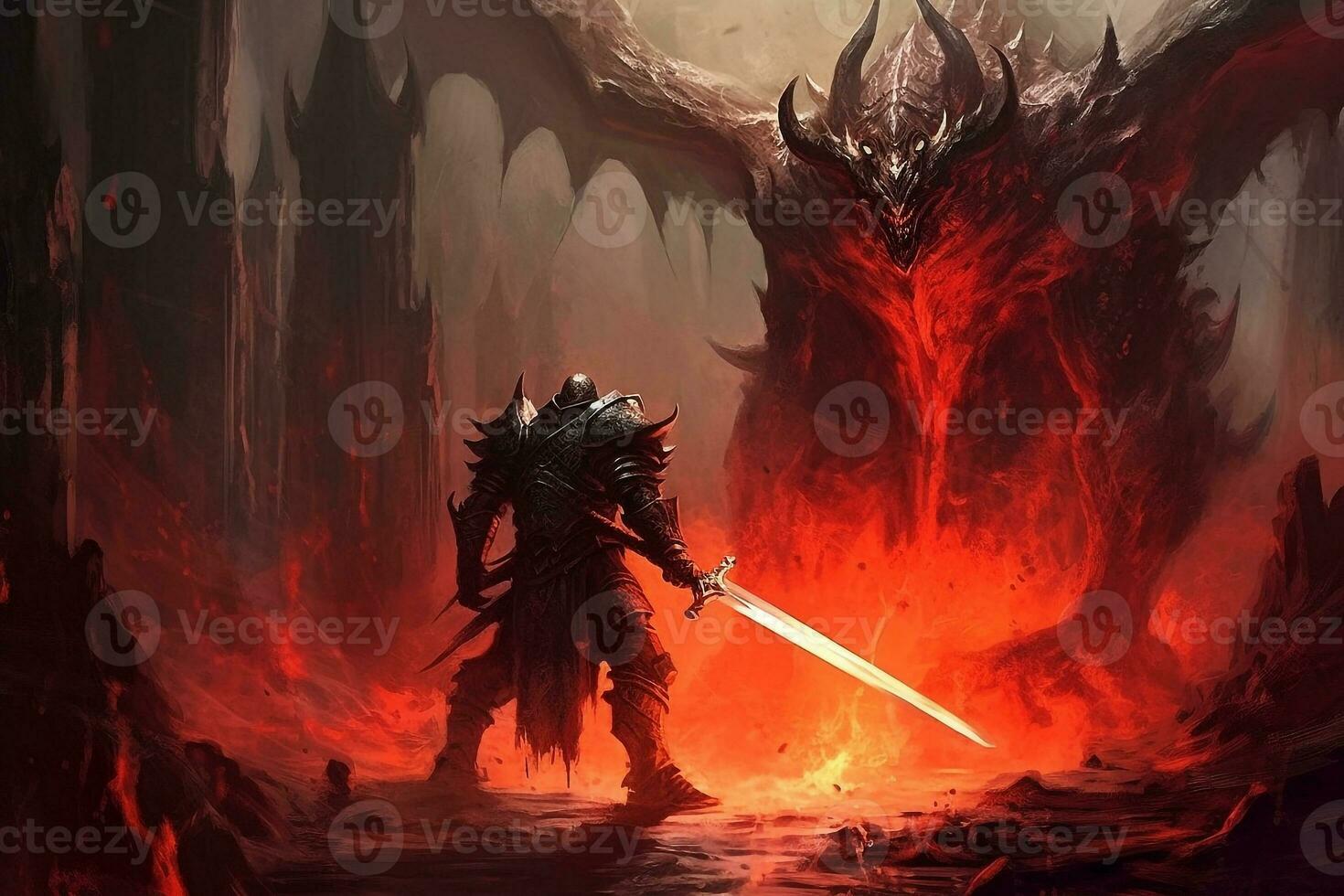 Fantasy Knight wielding a sword facing demon from hell photo